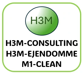 H3M Gruppen Logo med Consulting, Ejendomme og M1-Clean tekster