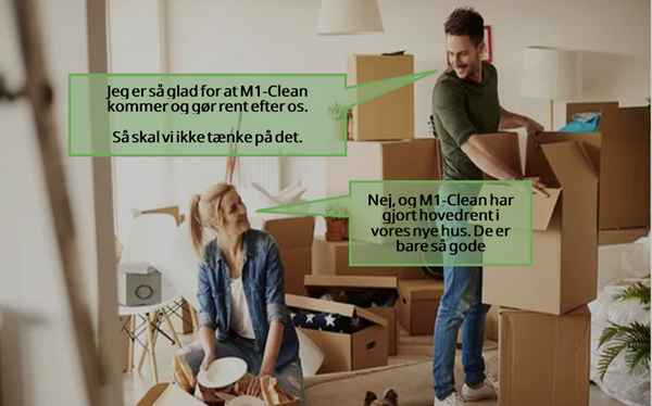 Par, der pakker flyttekasser med tekst om M1-Clean flytterengøring.