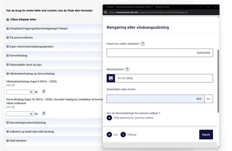 Screen short from SKAT.dk for at indberette servicefradrag for rengøring